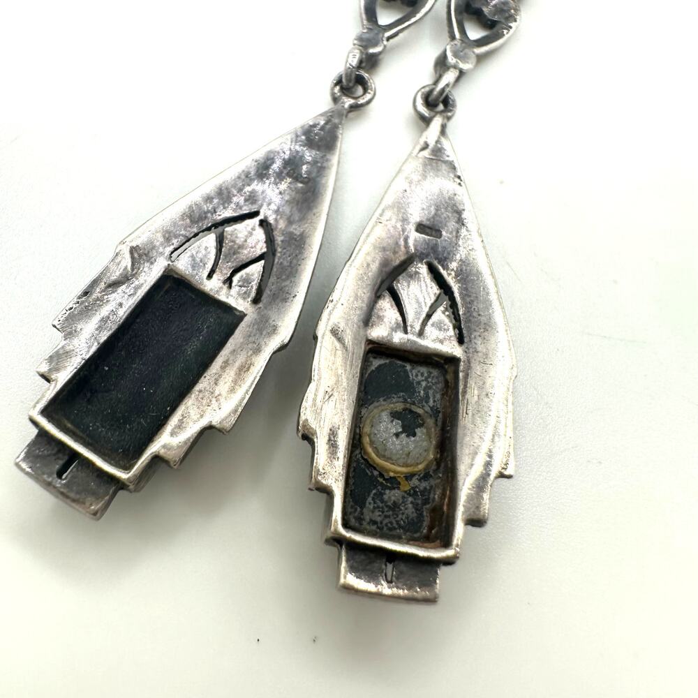 Art Deco Revival sterling silver genuine black onyx marcasite post drop earrings - Picture 7 of 10